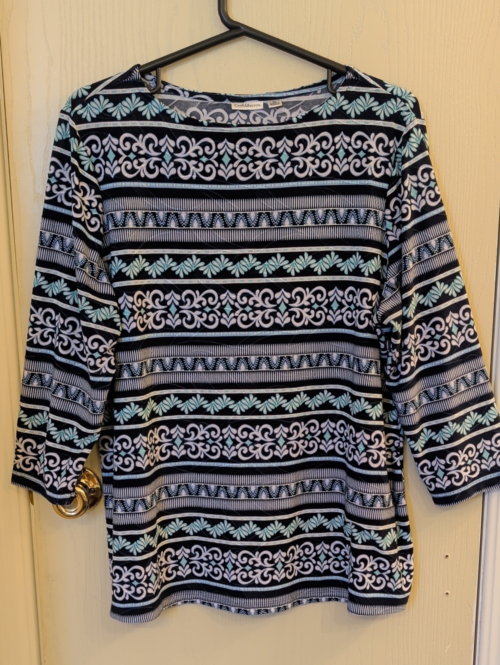 Croft & Barrow Black White Mint Striped 3/4 Sleeve Top | Size XL | Lightweight